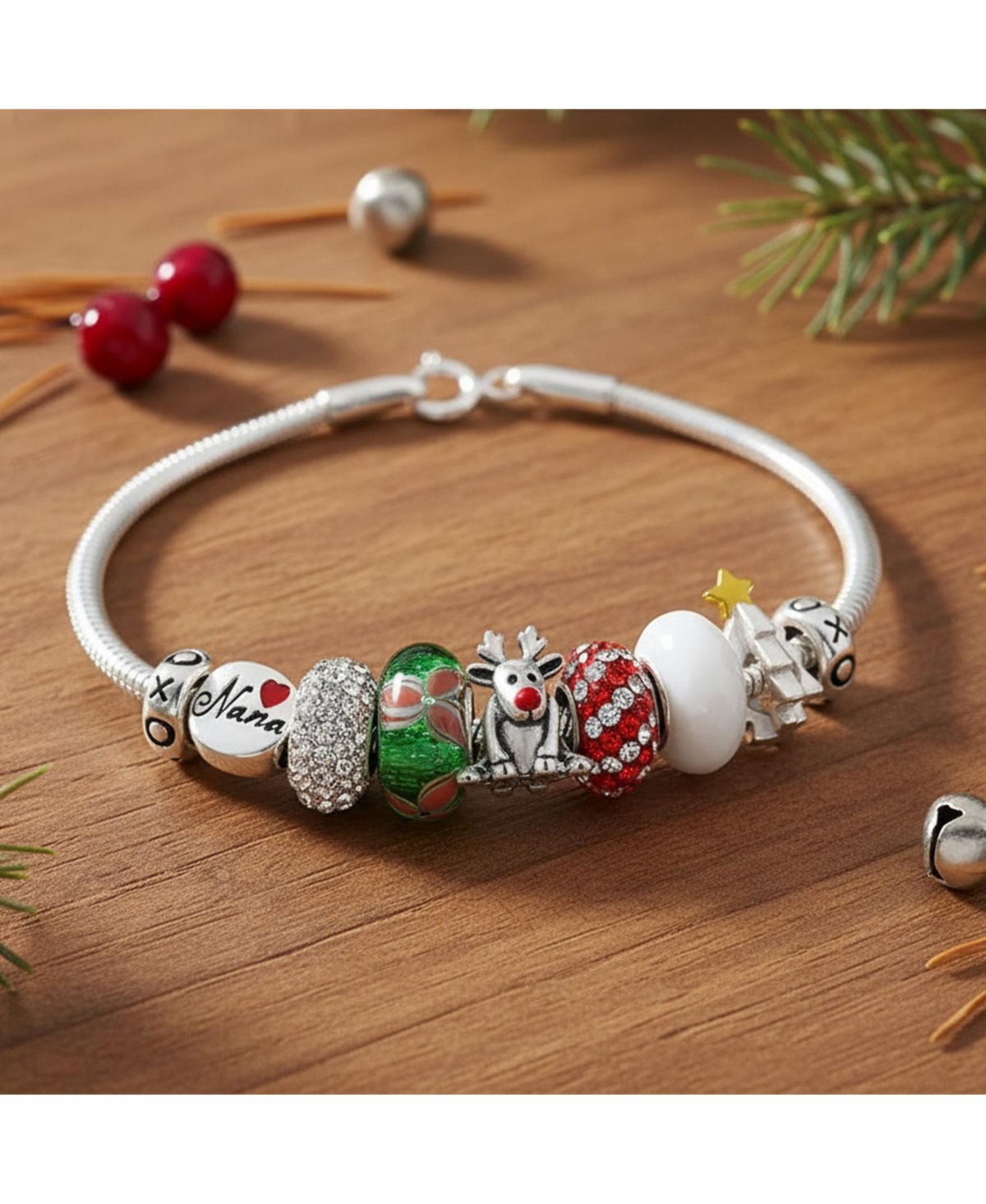 Bling Jewelry Christmas Holiday Rudolph Reindeer Nana Theme European Bead Charm Bangle Bracelet For Women Sterling Silver Barrel Clasp