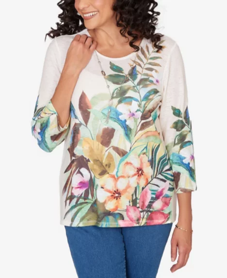 Petite Classic Tropical Print Top with Necklace - Muneutr