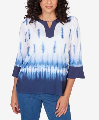 Petite Classic Tie Dye Border Split Neck Top