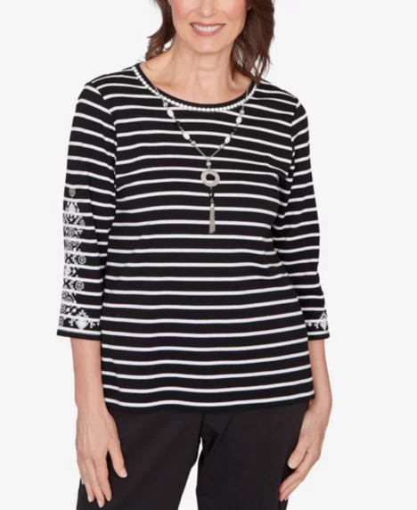 Petite Classic Pinstripe Embroidered Sleeve Top with Necklace - Black/White