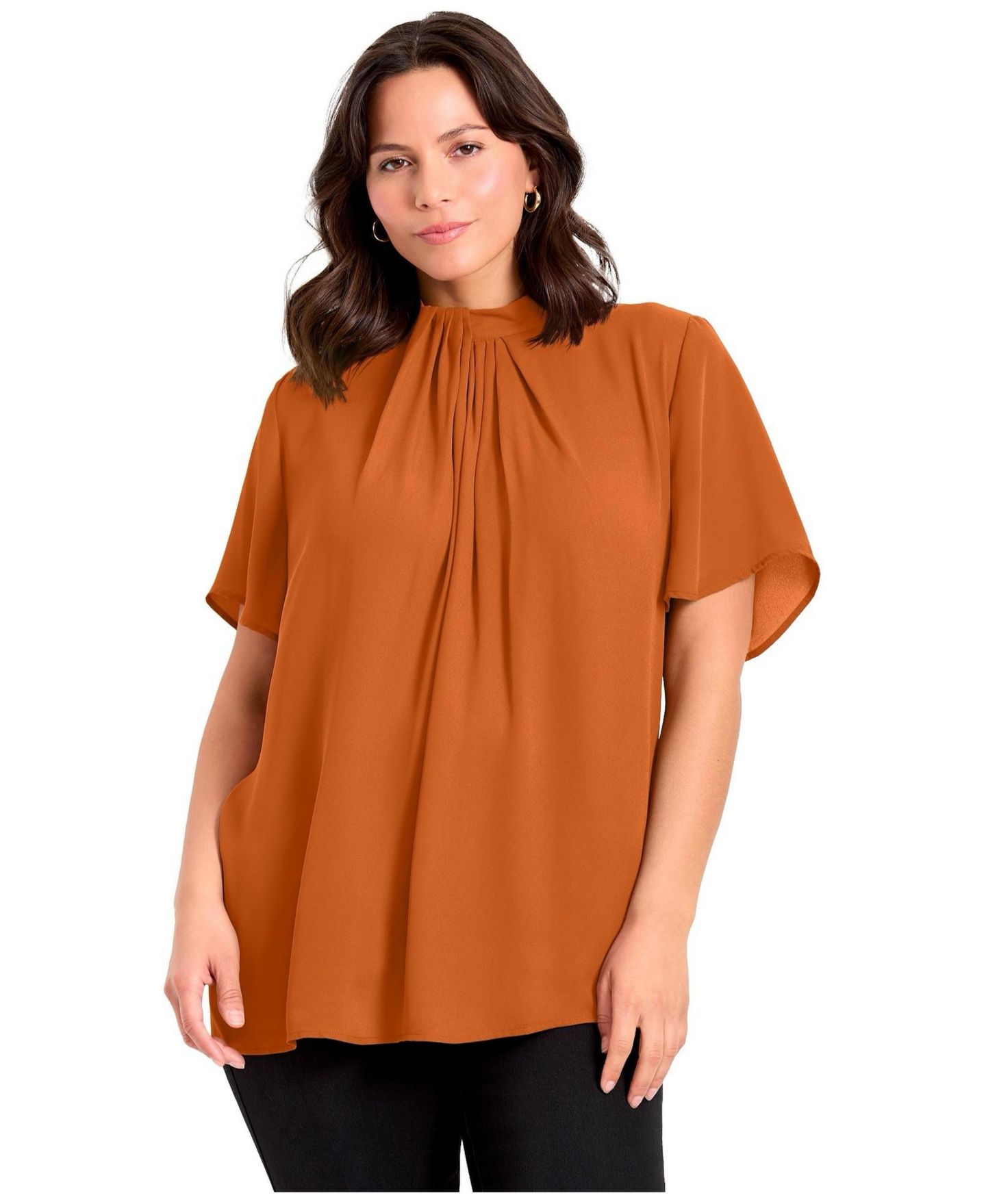 Женская блузка Avenue Plus Size Twist Front Mockneck Flutter Sleeve, цвет: Состаренный медный — фото 1