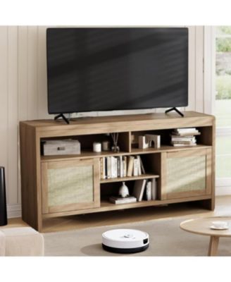 58" Boho TV Stand for 65" TVs, Rattan Entertainment Center with Adjustable Shelves, Oak