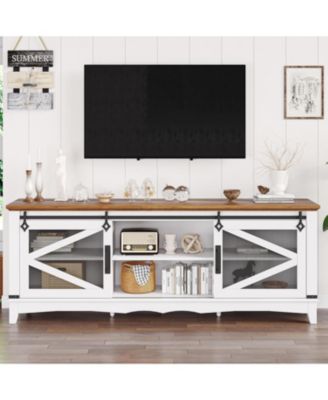 Modern TV Stand for Living Room 65" Entertainment Center with Storage Sliding Barn Doors and Adjustable Shelf White