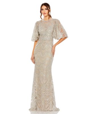 Women's Embellished Flutter Sleeve High Neck Gown