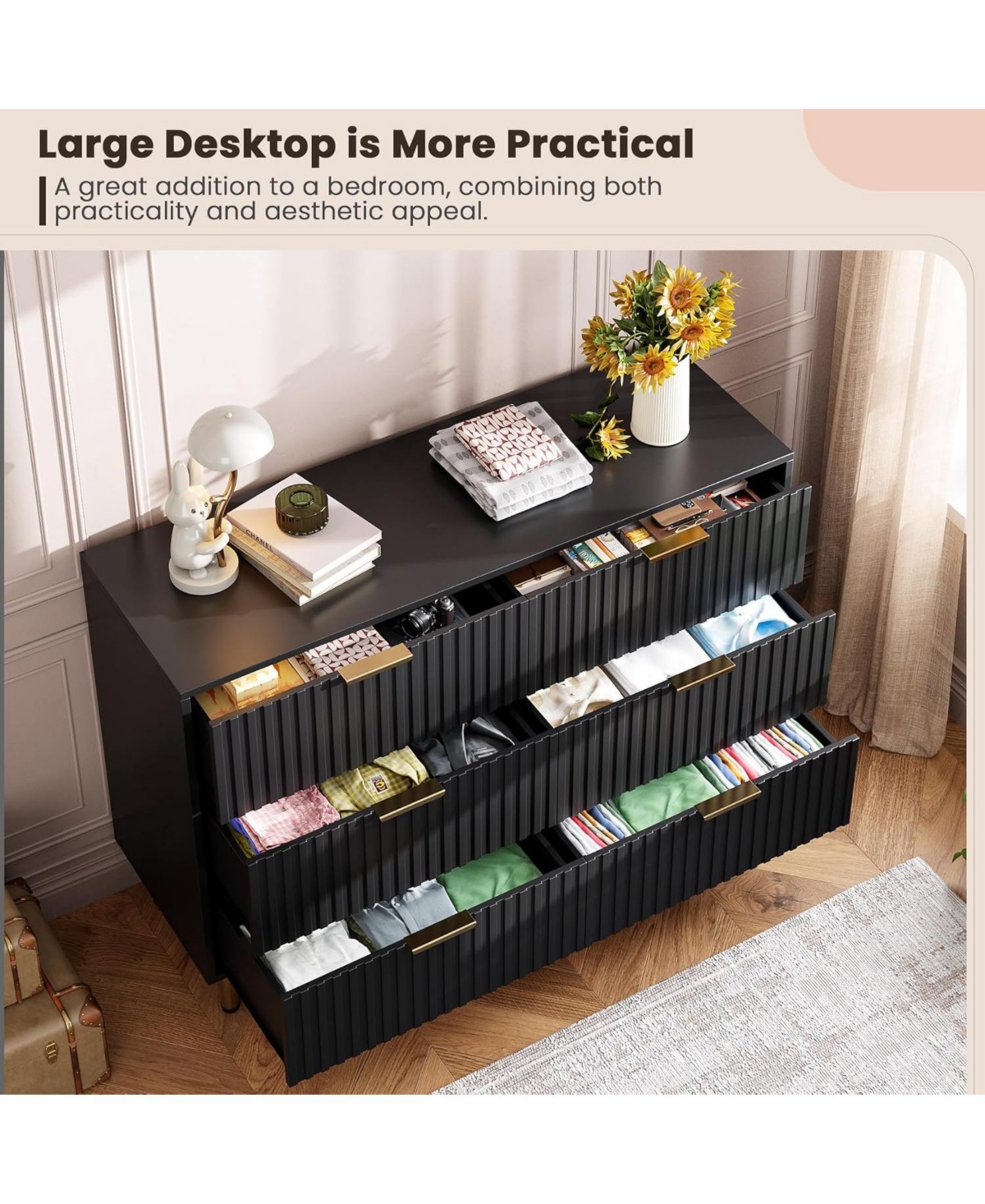 gaomon 6-Drawer Modern Fluted Dresser, Wide Chest with Deep Drawers, Wooden Organizer for Living Room, Hallway, Kids Room, Black