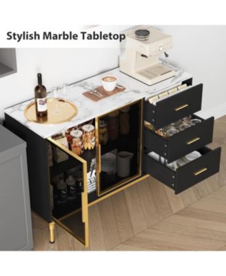 Fluted Sideboard Buffet Cabinet with Glass Doors, 3 Drawers, Marble Top, Kitchen & Dining Room, Black