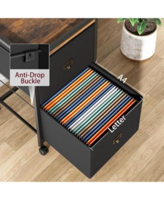 Large Double Drawer Compact Mobile Filing Cabinet, Stylish Fabric Storage Solution, Legs & Wheels, Bedroom, Black