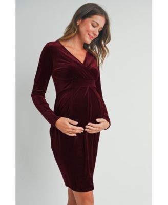 Maternity Long Sleeve Velvet V Neck Wrap Dress