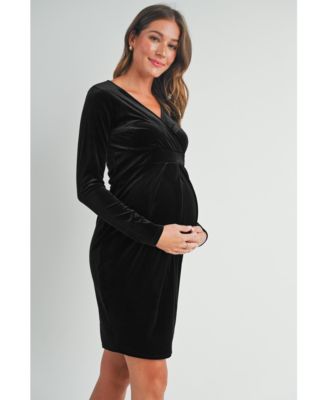 Maternity Long Sleeve Velvet V Neck Wrap Dress