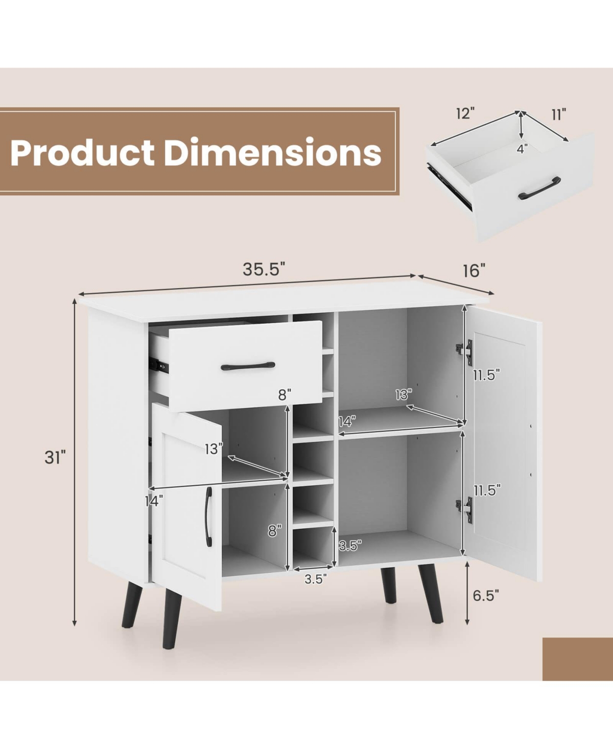 Costway 2-Door Wine Bar Cabinet Kitchen Sideboard Buffet with Drawer & Adjustable Shelves