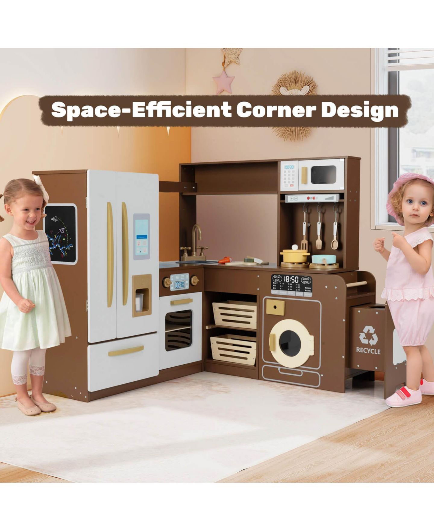 Детские игрушки Costway Corner Play Kitchen with Lights & Sounds 22-Piece Set, Ages 3+, цвет: Коричневый — фото 2