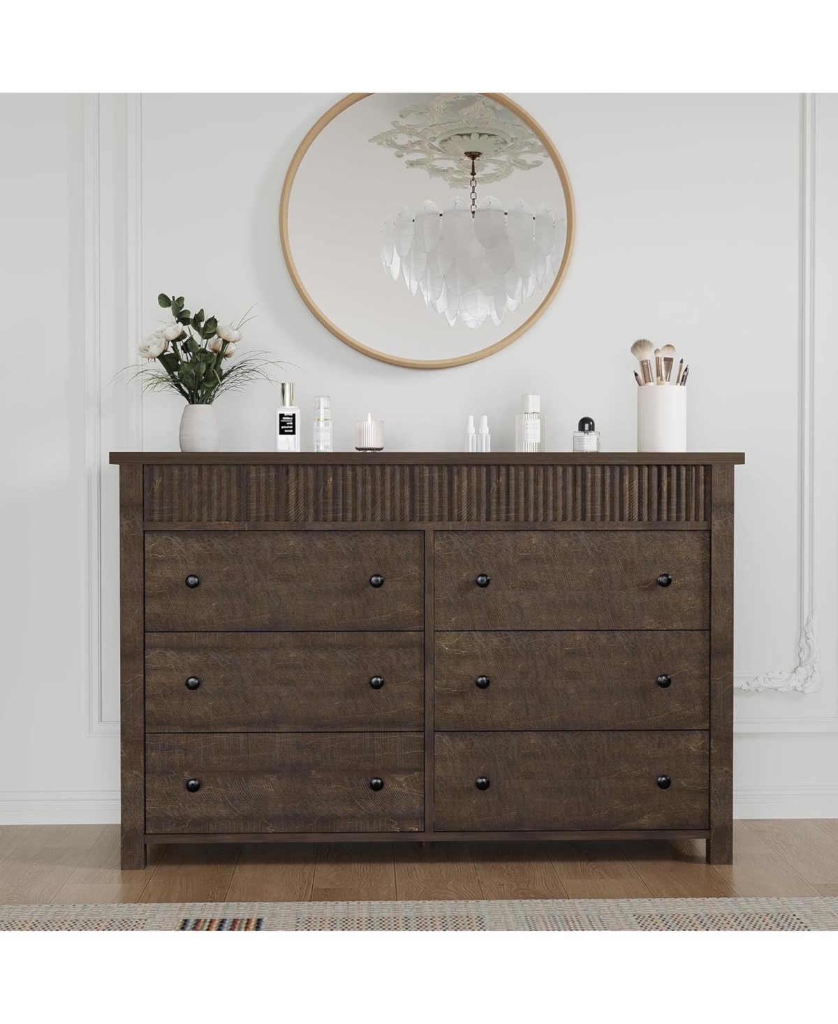 gaomon 6-Drawer Farmhouse Dresser Bedroom Wooden Chest of Drawers, Fluted Tv Stand Storage Cabinet for Living Room, Hallway, Office - Brown