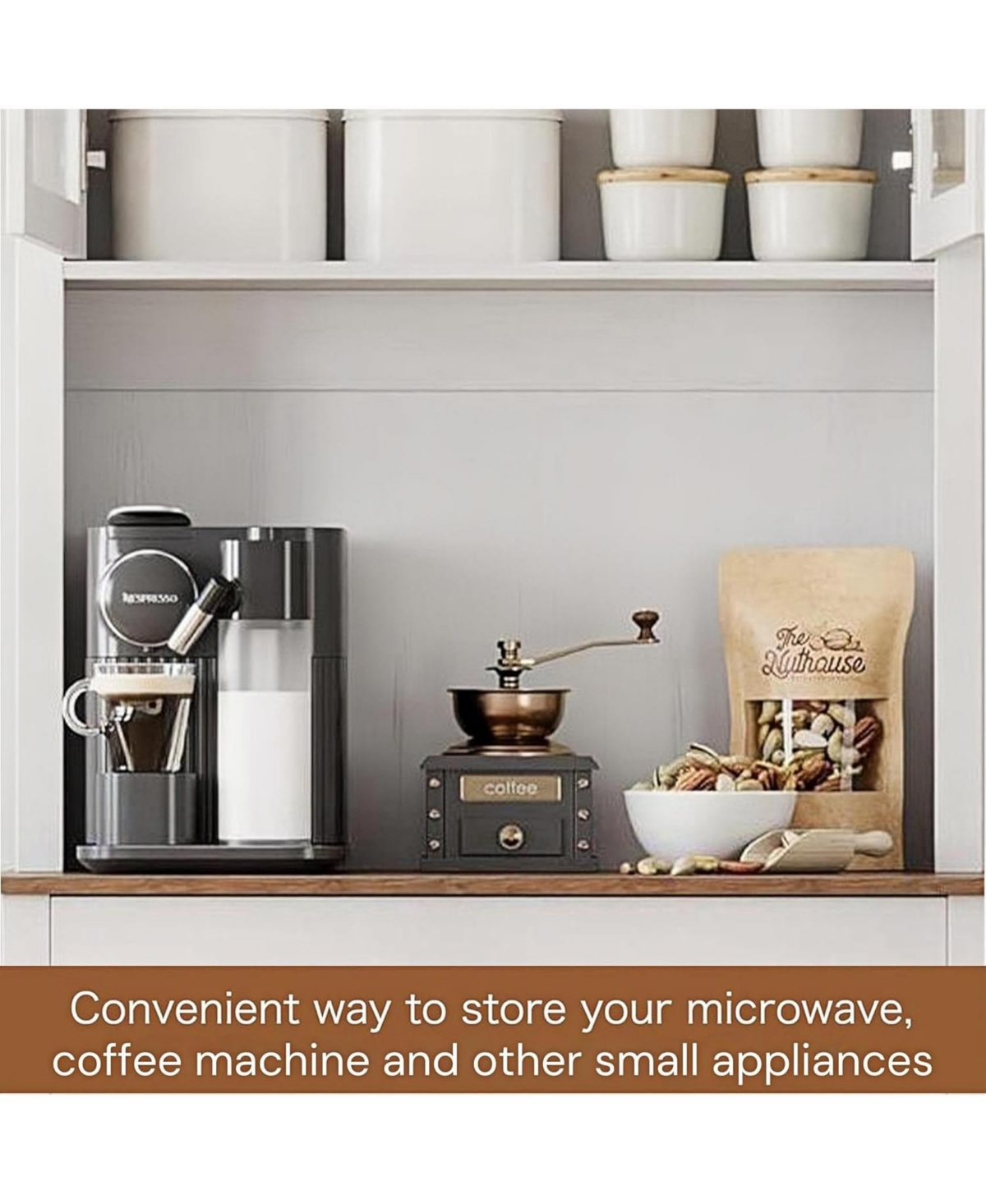 gaomon Kitchen Cabinet with Glass Doors, Large Drawer, Adjustable Shelves, Cable Hole, Anti-Tilt Storage, White