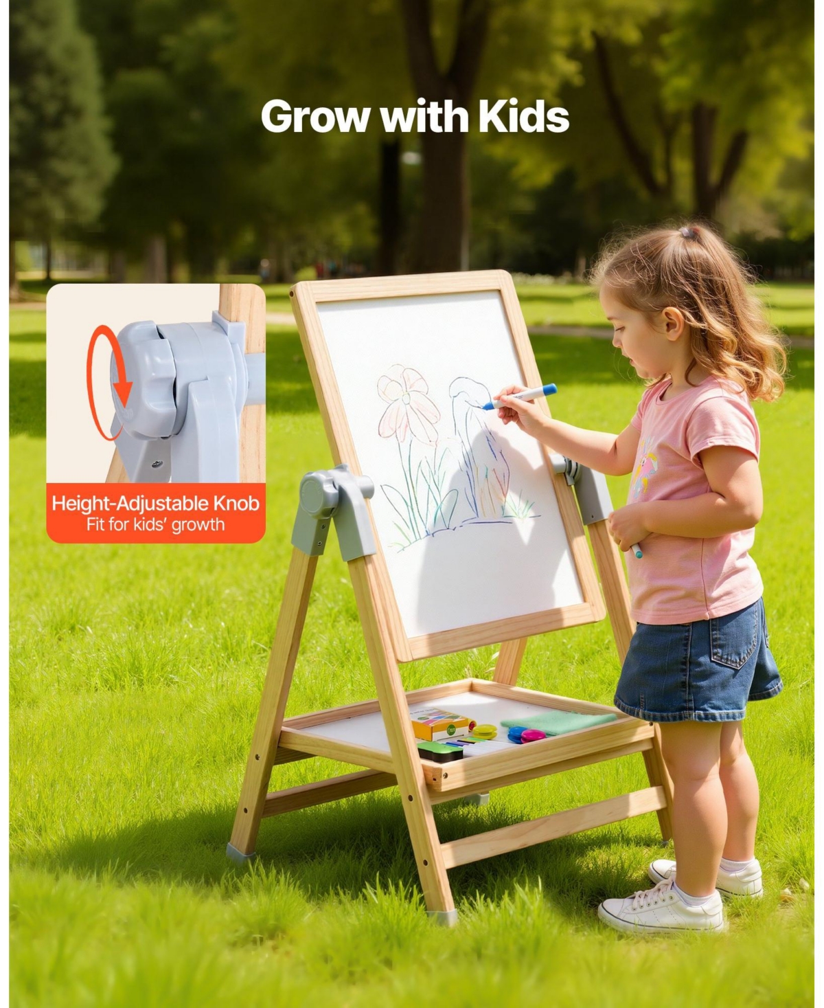 Mecale Kids Art Easel, 2-in-1 Wooden Double-Sided Easel with Whiteboard, Chalkboard and Painting Accessories