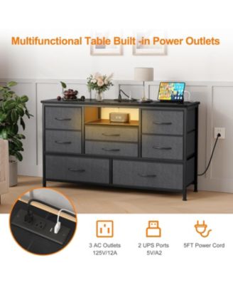 8-Drawer Dresser TV Stand with LED Lights & Charging Station, 55" Entertainment Center Storage