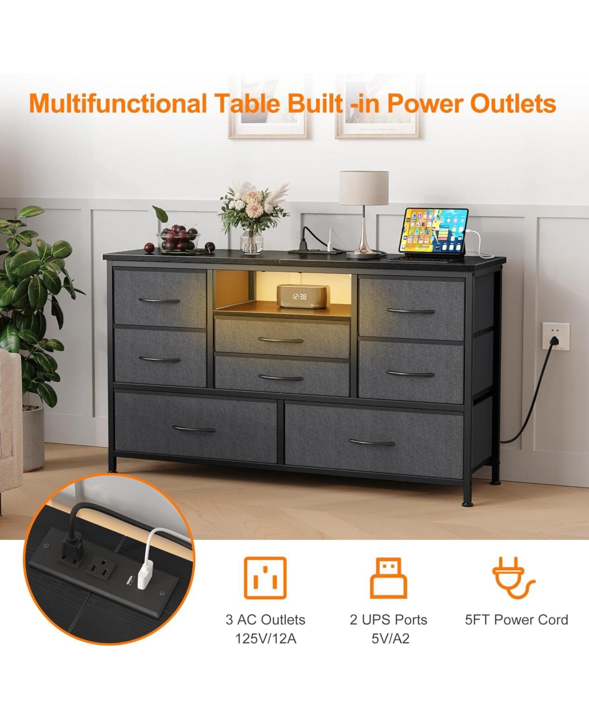 gaomon 8-Drawer Dresser Tv Stand with Led Lights & Charging Station, 55" Entertainment Center Storage