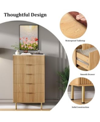 5-Drawer Natural Tall Dresser, 47.9" Wood Chest, Modern Storage Cabinet with Metal Handle for Bedroom, Closet, Entryway