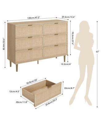 Rattan 6 Drawer Dresser for Bedroom, Large Double Dresser with Deep Drawers, Modern Chest Organizer