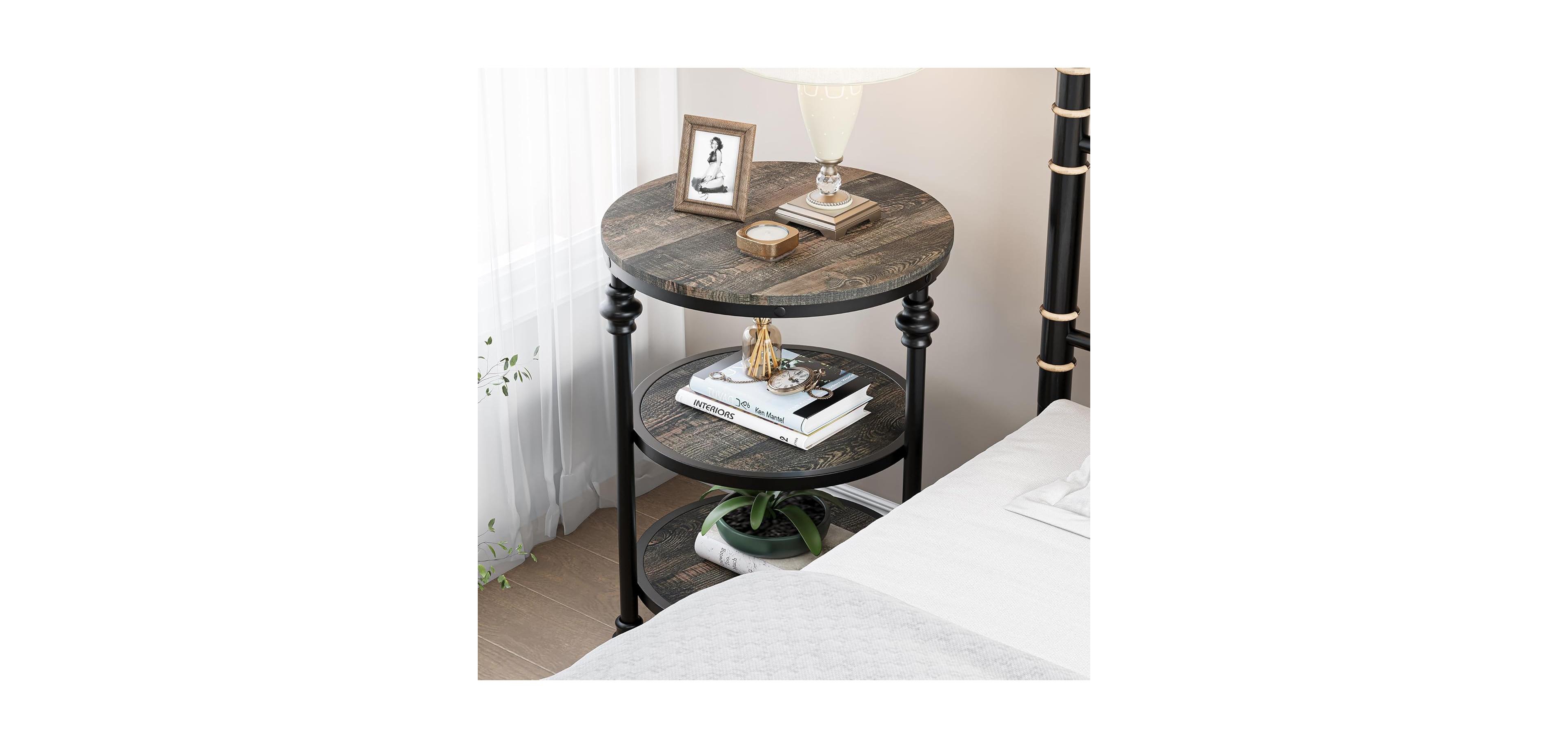 gaomon Round 3-Tier Side Table with Shelves, Small Space Coffee Table, High Load Capacity, Easy Assembly, Dark Oak