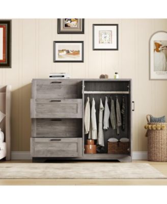 Modern Wooden Dresser for Bedroom, 43.3" 2-Door Wardrobe Armoire, 4 Drawers, Hanging Rod, Storage Cabinet