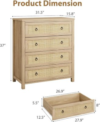 4-Drawer Boho Rattan Dresser, 37" Tall, Chest for Closet, Nightstand for Bedroom, Home Office Organizer