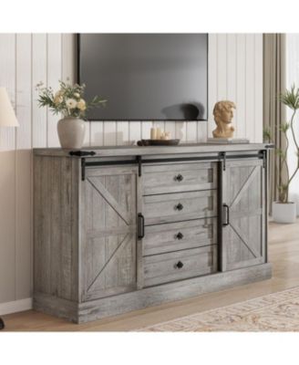59 Inch Modern Farmhouse 4-Drawer Dresser with Sliding Barn Doors, TV Stand, Bar Handles, Bedroom, Living Room
