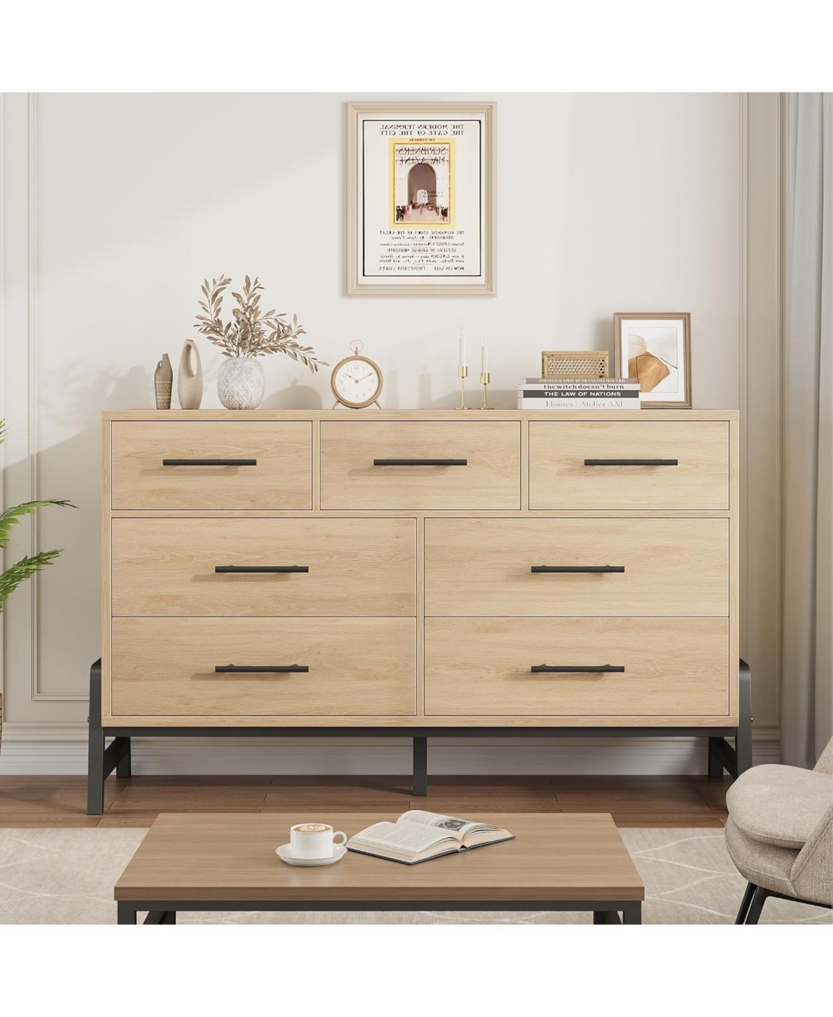gaomon 7-Drawer Polished Engineered Wood Dresser, Chic Cabinet Legs, Waterproof Desktop
