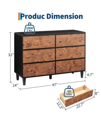 6 Drawer Modern Dresser, Space-Saving Narrow Wood Chest with Curved Profile, Vintage Handles, Bedroom, Entryway