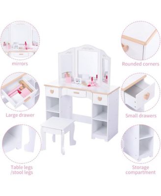 Kids 3 Drawer Wooden Dressing Table, Round Mirror with Lights, Stool, Modern Child Vanity Set