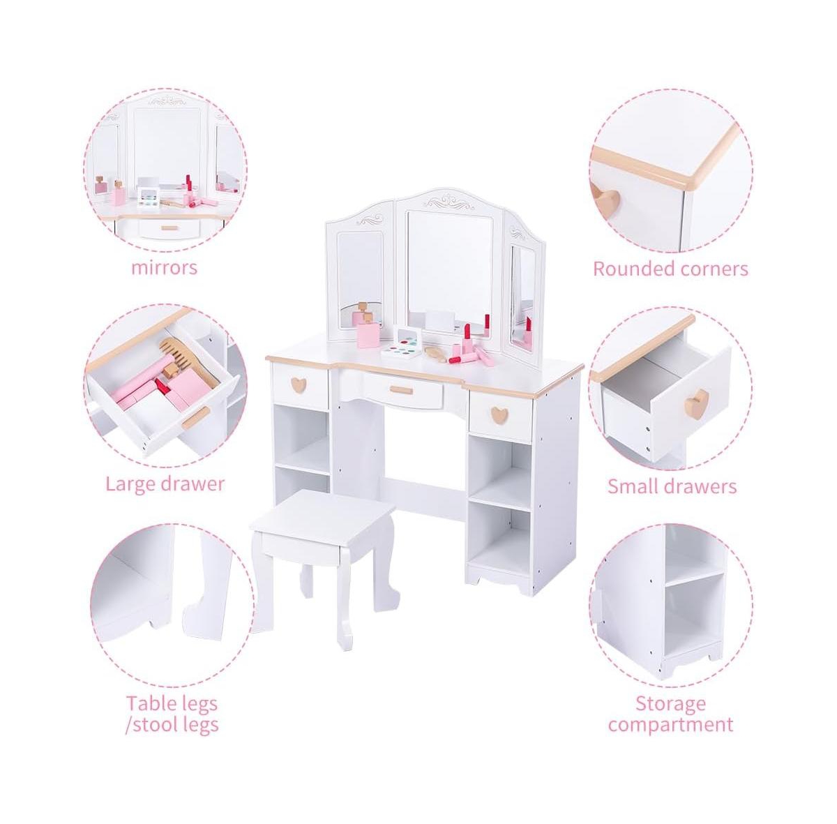 gaomon Kids 3 Drawer Wooden Dressing Table, Round Mirror with Lights, Stool, Modern Child Vanity Set