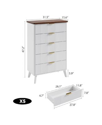 Fluted Dresser for Bedroom with 5 Deep Drawers, 47in Tall Chest of Drawers with Faux Marble Top, Curved Profile Design, White with Walnut Top