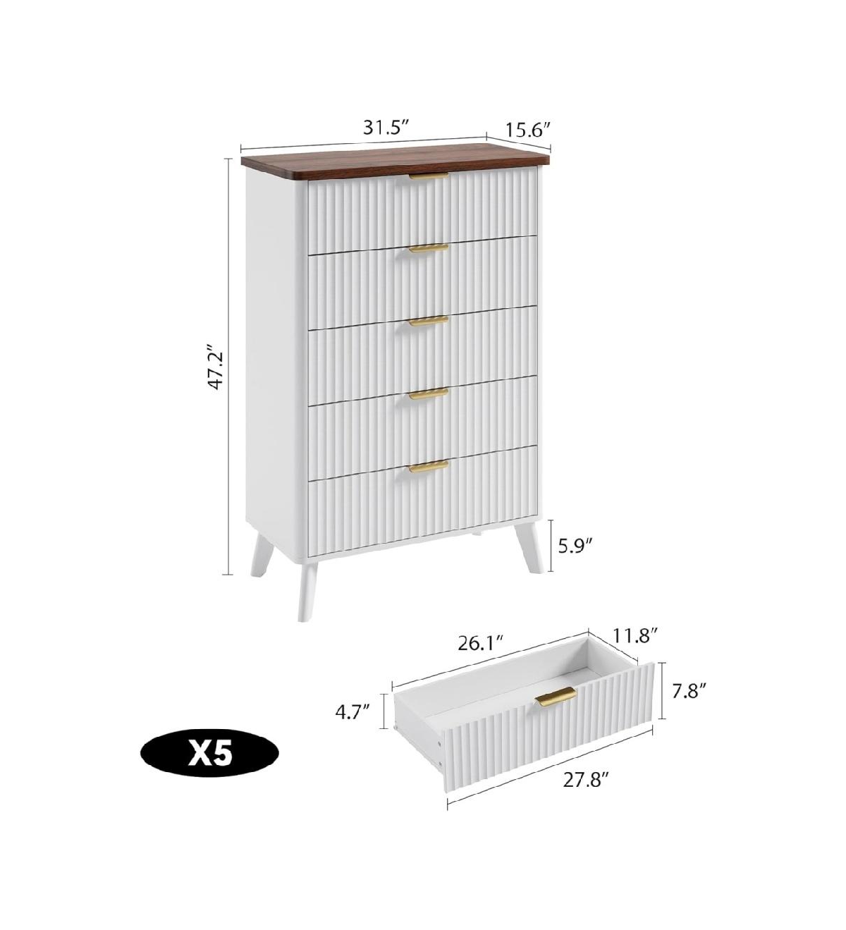 gaomon Fluted Dresser for Bedroom with 5 Deep Drawers, 47in Tall Chest of Drawers with Faux Marble Top, Curved Profile Design, White with Walnut Top