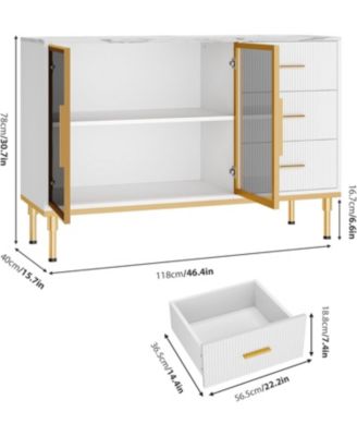 Fluted Sideboard Buffet Cabinet with Glass Doors, 3 Drawers, Marble Top, Kitchen & Dining Room, White