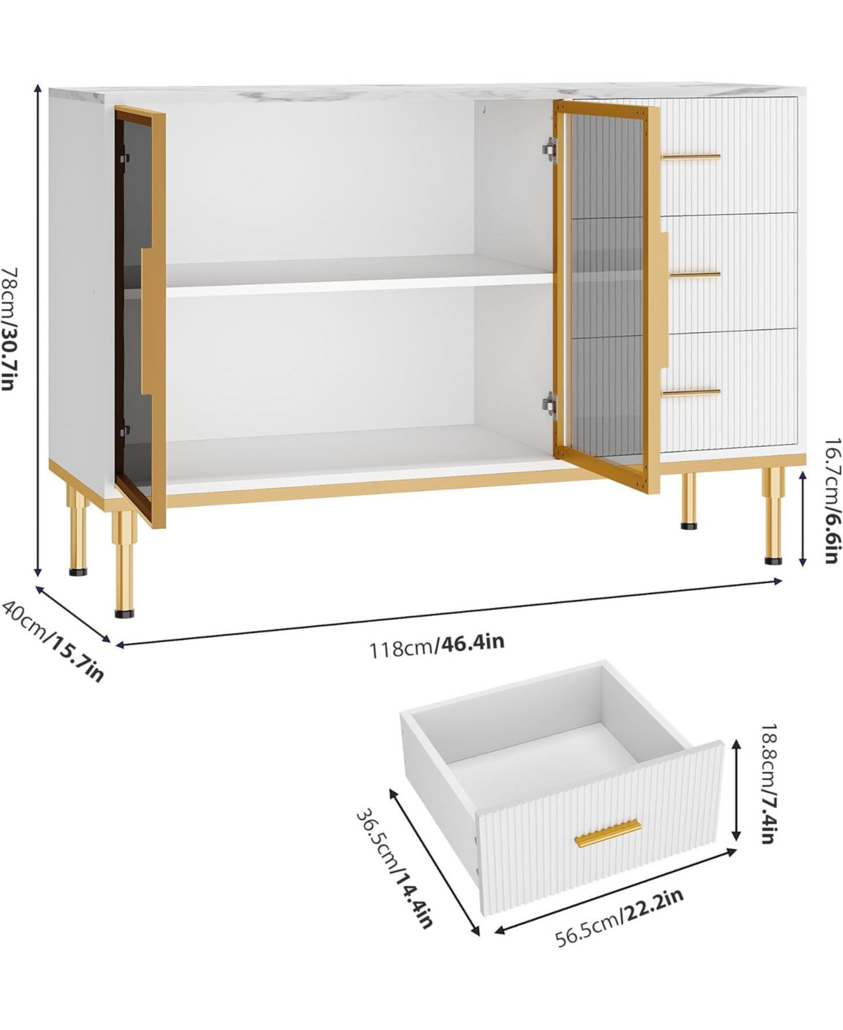 gaomon Fluted Sideboard Buffet Cabinet with Glass Doors, 3 Drawers, Marble Top, Kitchen & Dining Room, White