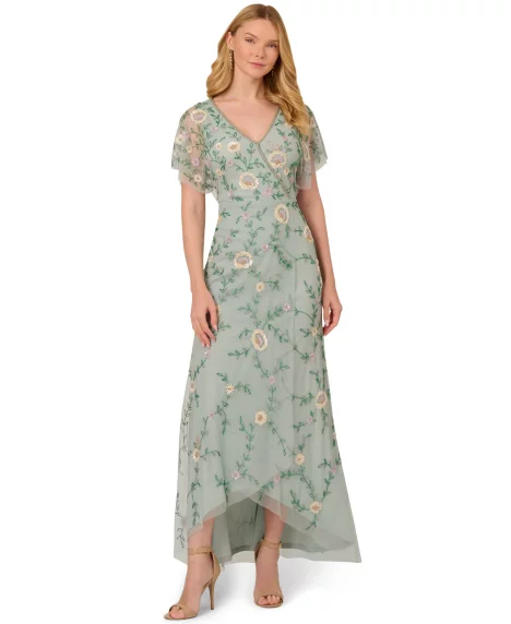 Petite V-Neck Beaded Mesh Gown - Aqua Dust