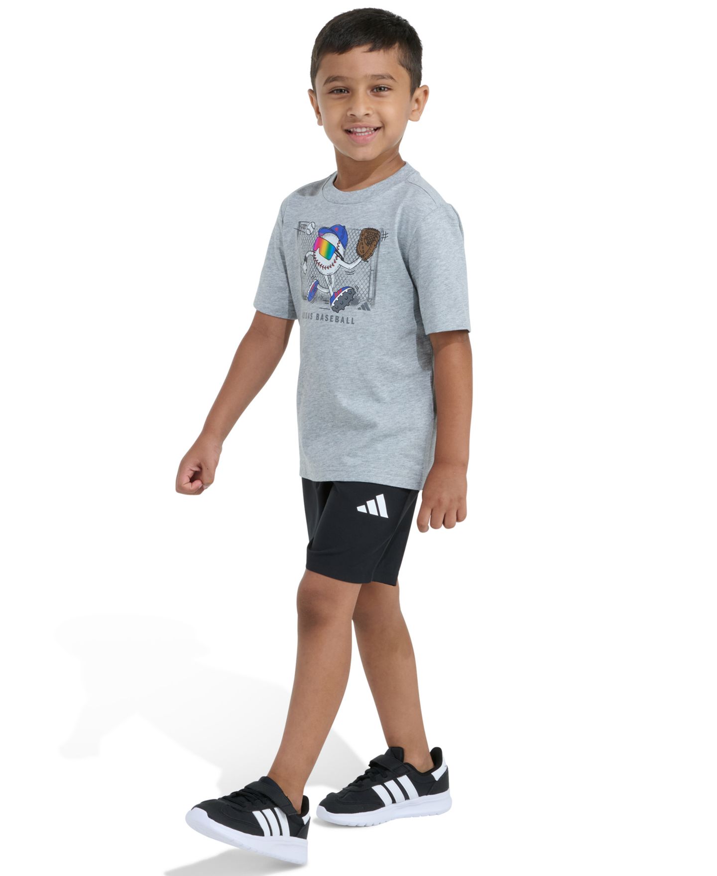 Детский комплект adidas: футболка с принтом и шорты, 2-7 лет, 2 предмета, цвет: Серый меланжевый / Чёрный — фото 3