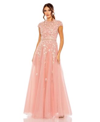 Women's High Neck Cap Sleeve Embellished A Line Gown