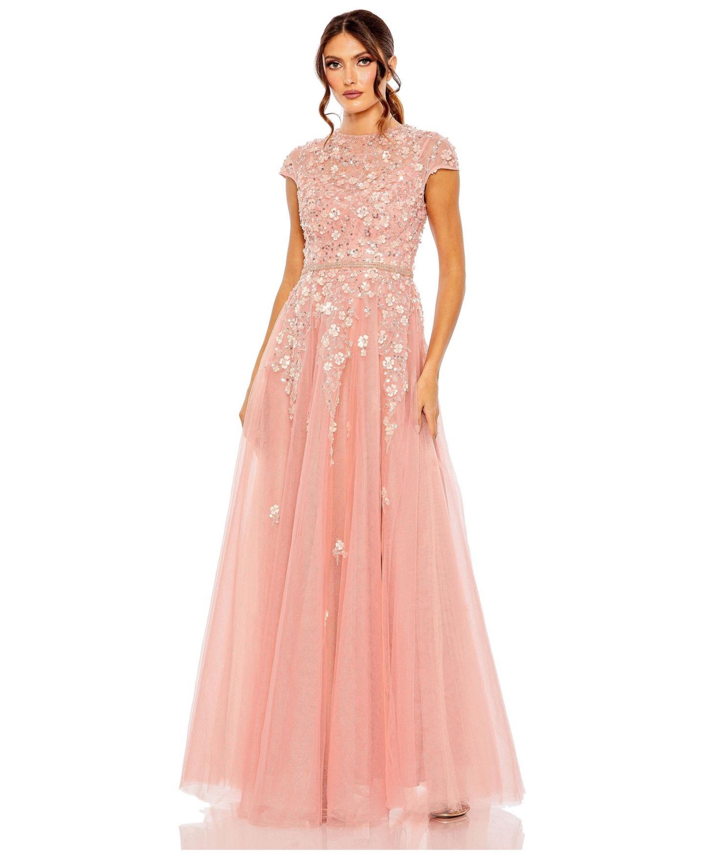 Женское вечернее кепки Mac Duggal А-силуэта с высоким воротом и декором, цвет: Розовый — фото 1