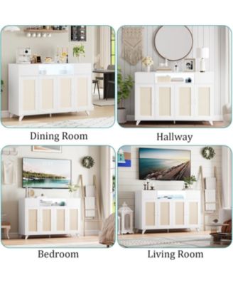 Rattan Sideboard Buffet Cabinet, 4 Doors 2 Drawers, Power Outlet, LED Lighting, Dining Room, Living Room