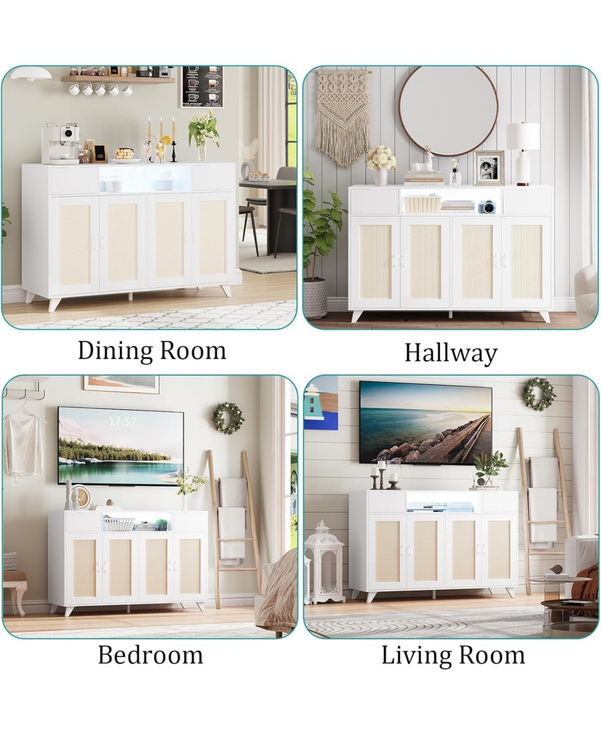 gaomon Rattan Sideboard Buffet Cabinet, 4 Doors 2 Drawers, Power Outlet, Led Lighting, Dining Room, Living Room