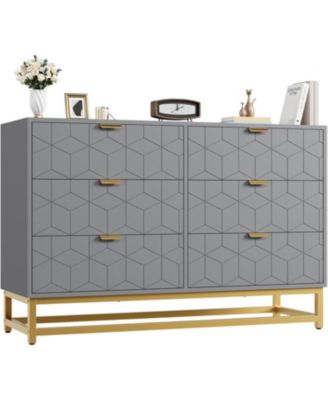 47.2 Inch Grey 6-Drawer Modern Dresser, Wide Chest, Gold Metal Legs & Handles, Storage for Bedroom, Living Room, Hallway