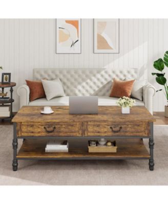 41 Inch 2-Drawer Retro Style Wood Coffee Table, Multi-Functional Storage Center Table for Living Room
