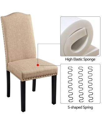 Set of 2  Fabric Upholstered Classic Dining Chair with Tall Back and Solid Wood Legs Khaki