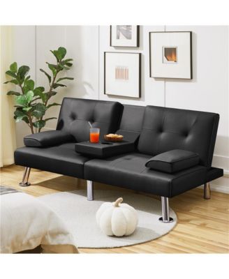 Faux Leather Convertible Futon Sofa Bed with 2 Throw Pillows & Drop-down Cup Holders Dark Brown