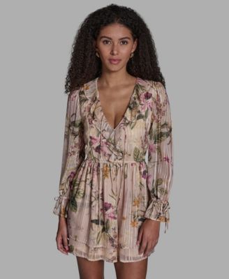 Women's Floral Ruffled V-Neck Short Shift Dress