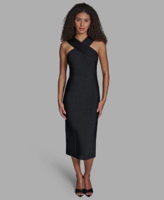 criss cross halter dress midi Bcbg Women's Criss-Cross Halter Neck Bandage Midi Dress - Black