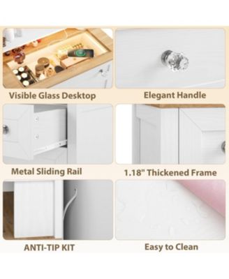 4-Drawer Charge Station, LED Strip, Crystal Knobs, Modern Vanity Cabinet Dresser with Mirror