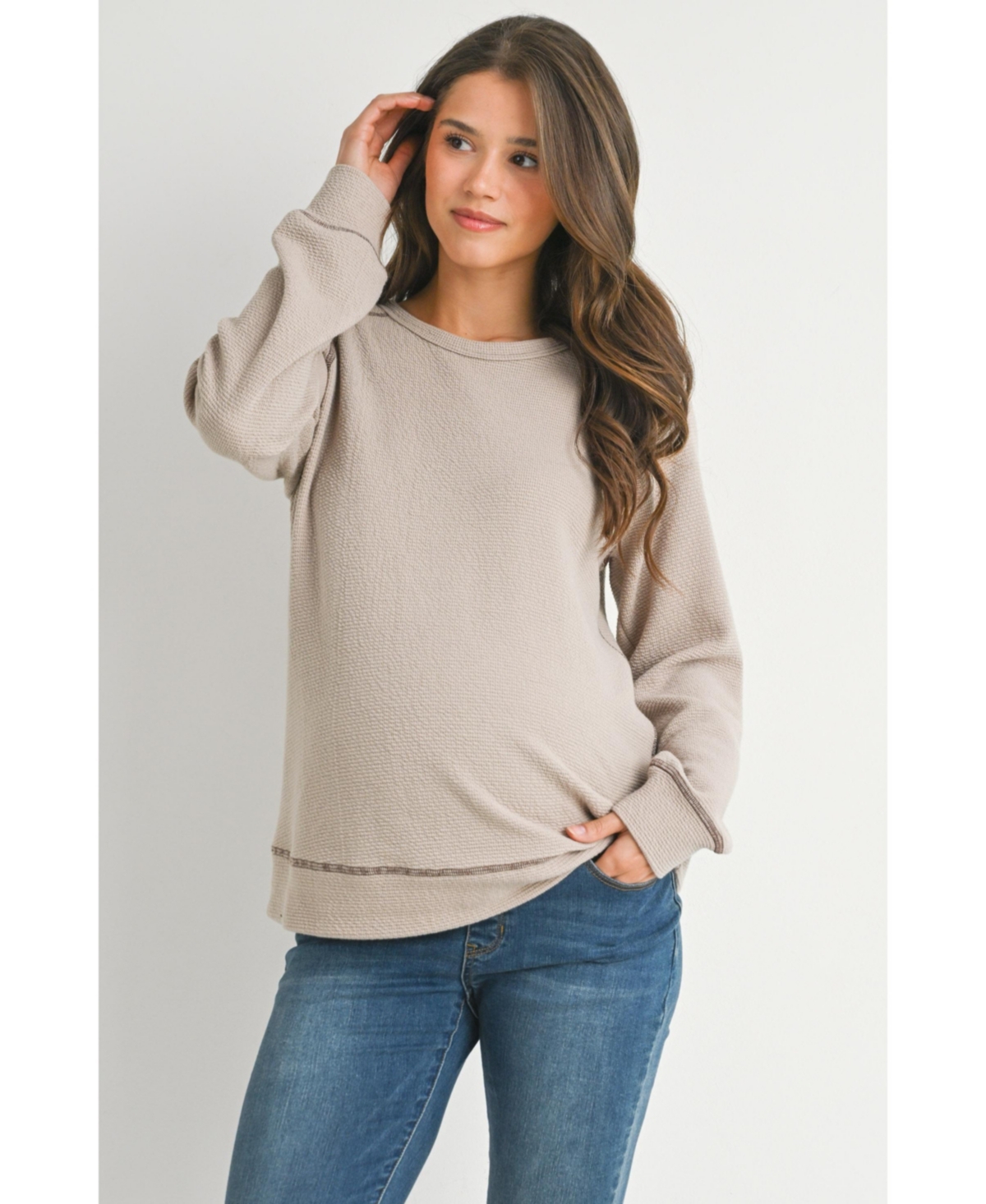 Hello Miz Maternity Waffle Knit Crewneck Sweatshirt Top