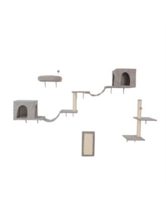Wall-mounted Cat Tree With 2 Cat Condos House, 3 Cat Wall Shelves in Beige