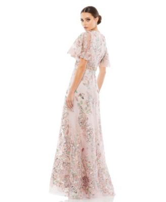 Women's Floral Embellished Short-Sleeve Faux Wrap Gown